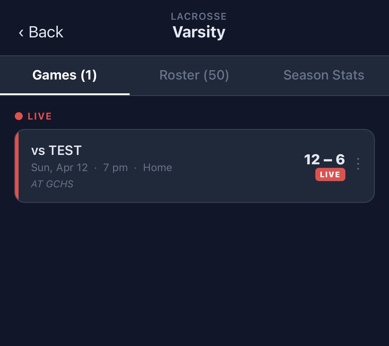 Program hub showing a live game in progress
