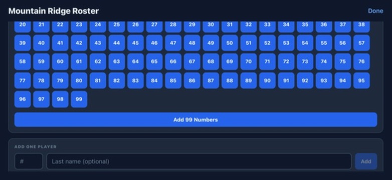 Opponent roster panel showing jersey number grid and Add Numbers button