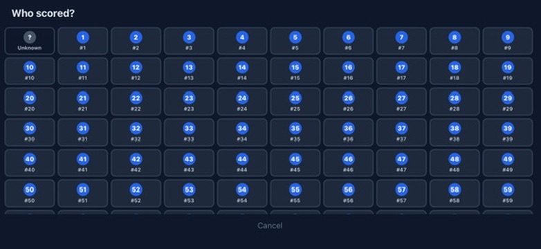 Player picker showing jersey number grid with Who scored? prompt