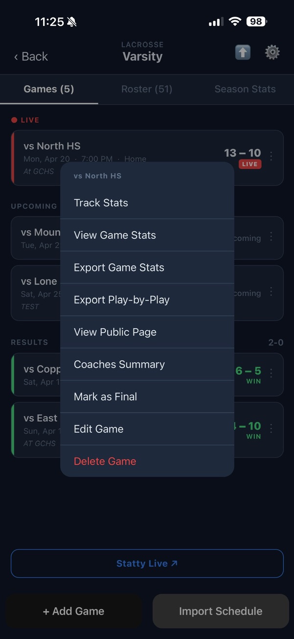 Game menu showing all options including Track Stats, Export, and Delete