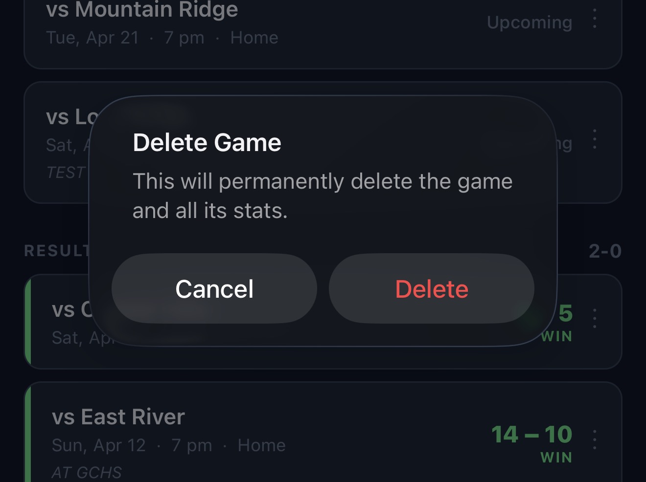 Delete Game confirmation dialog