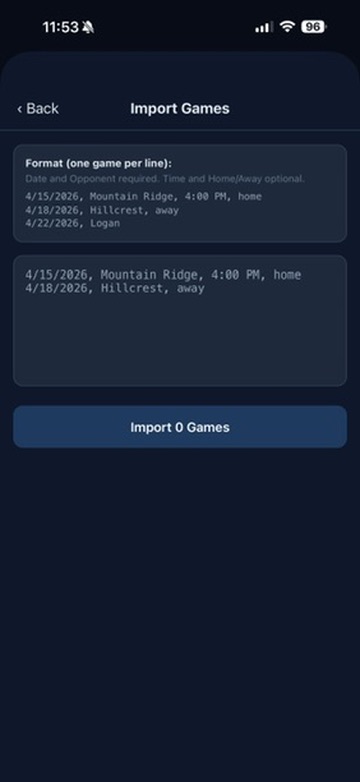 Import Games screen showing format and paste area