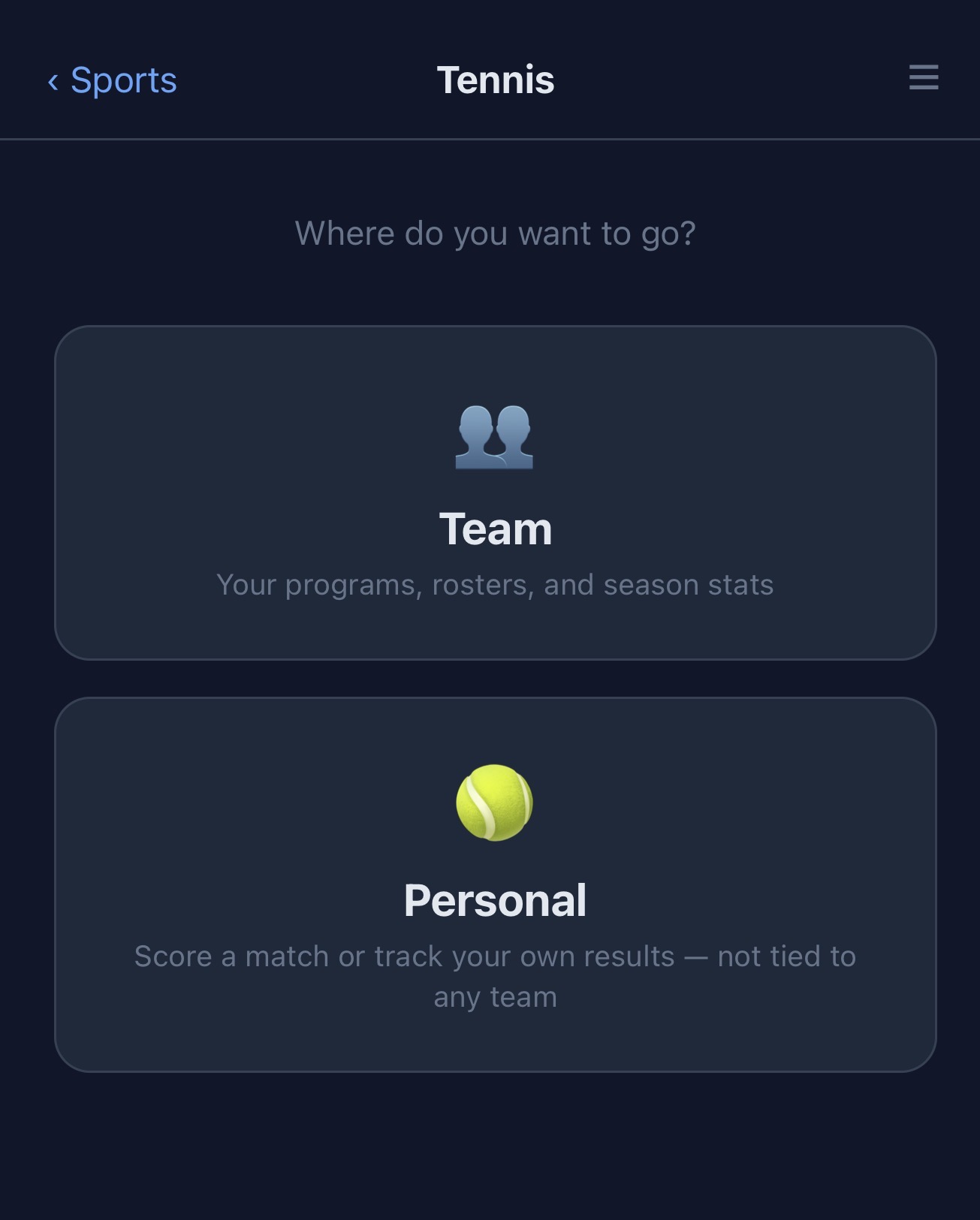 Statty tennis — choose Team for program stats or Personal to track your own matches