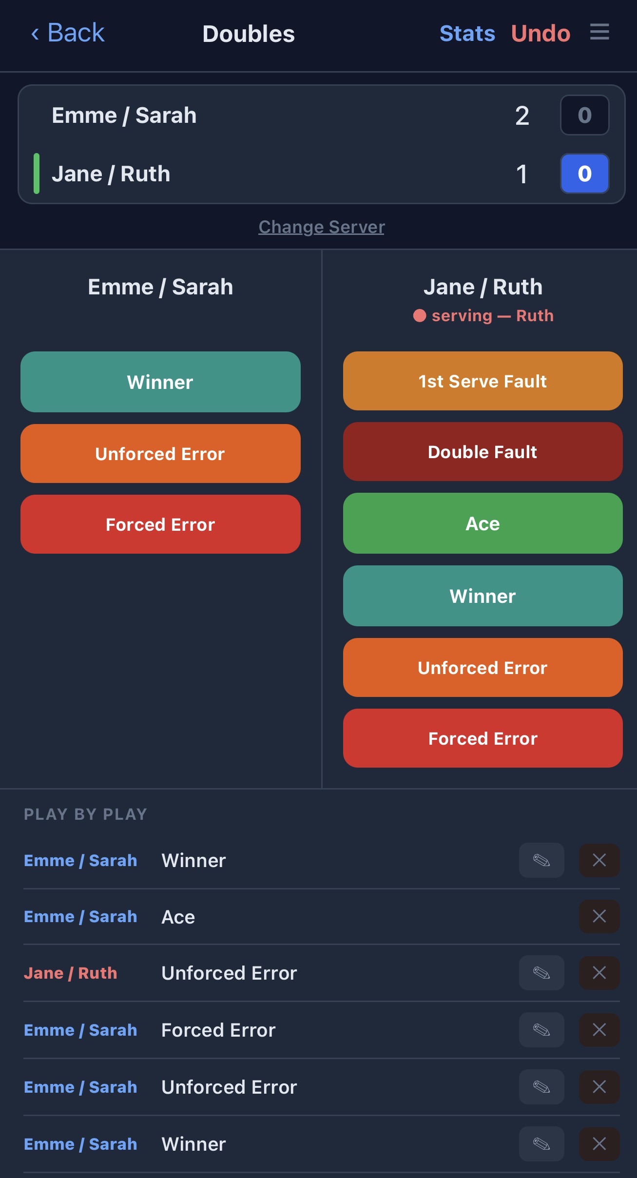 Tennis live point-by-point scoring — Ace, Winner, Unforced Error, Forced Error buttons with play-by-play log