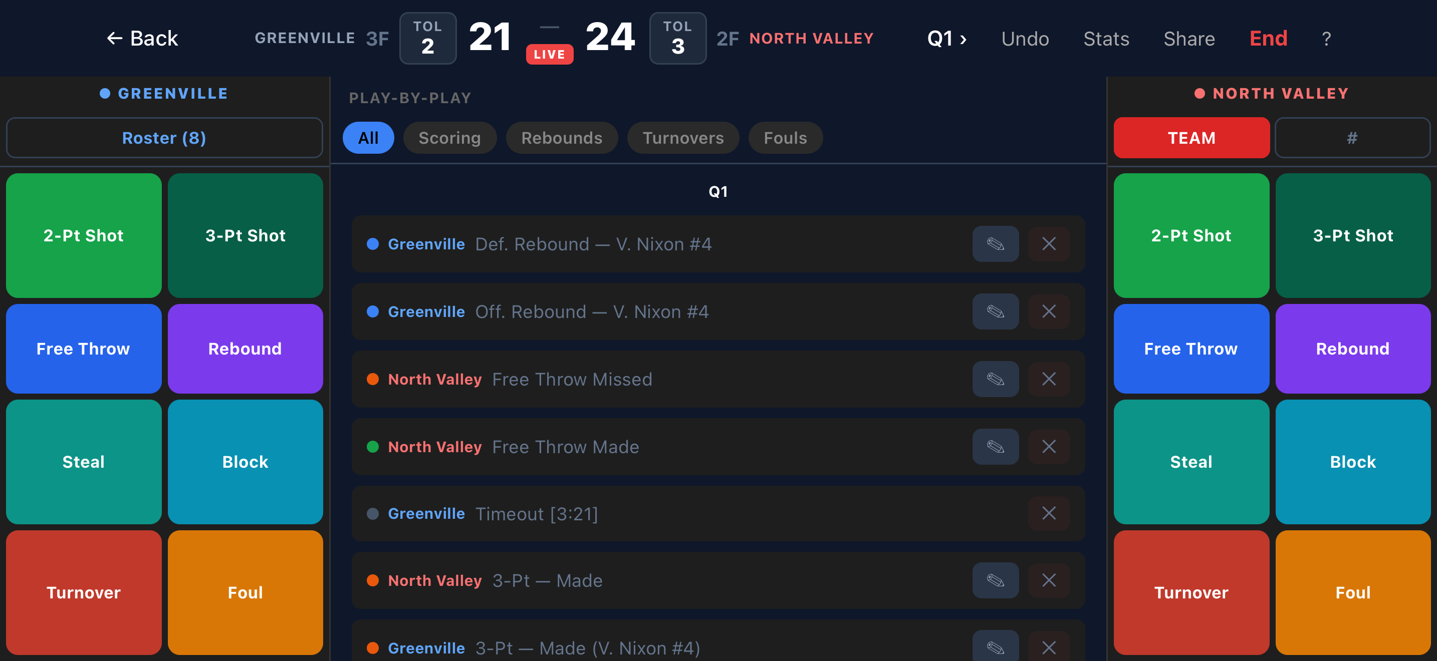 Statty live basketball game scoring — both teams tracked, live play-by-play