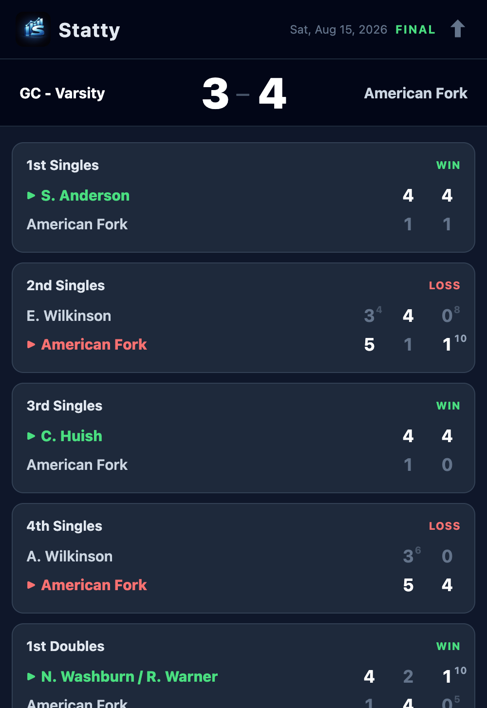 Tennis public match page — live per-set scoreboard, win/loss color-coded, for every court